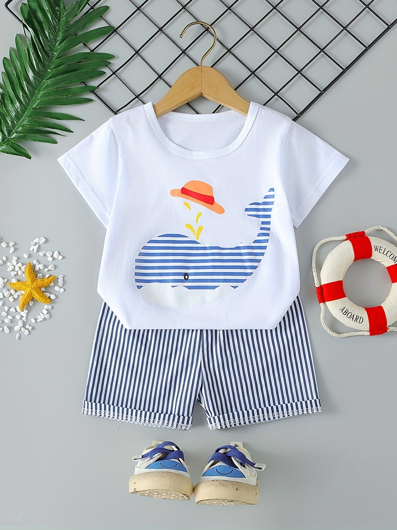 Kids Boys Whale Casual Outfit Cotton T-Shirt and Striped Shorts Summer Wear