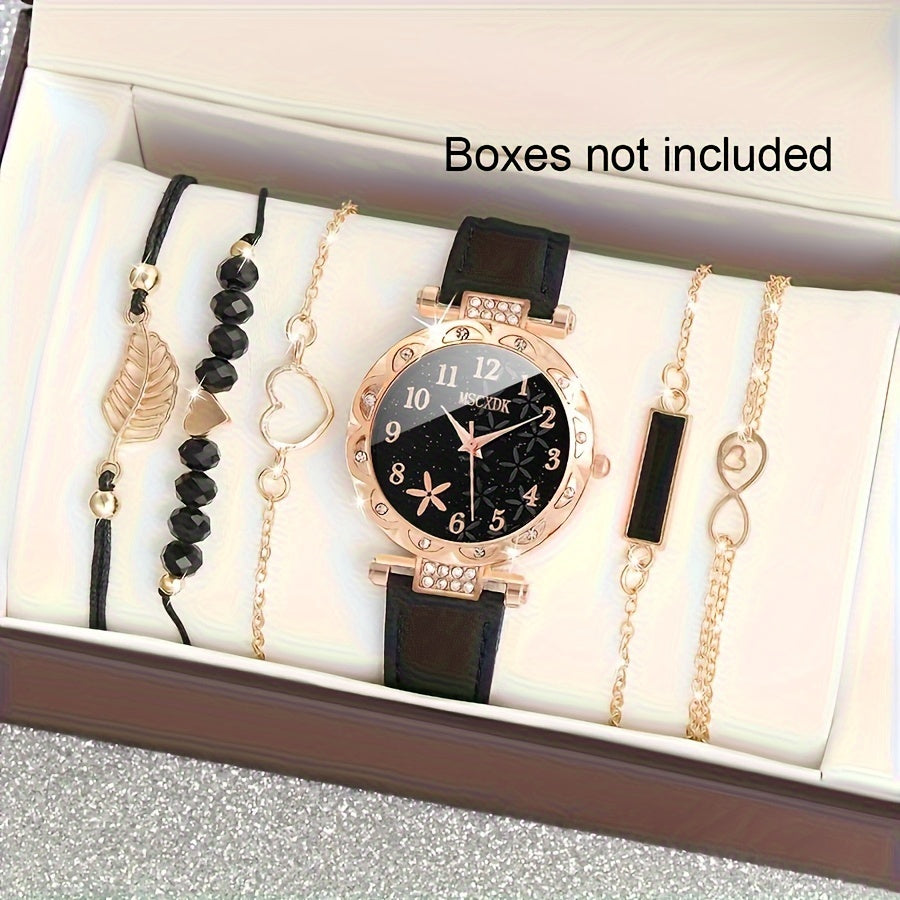 Ladies Quartz Watch with 5 Bracelets and Adjustable Strap