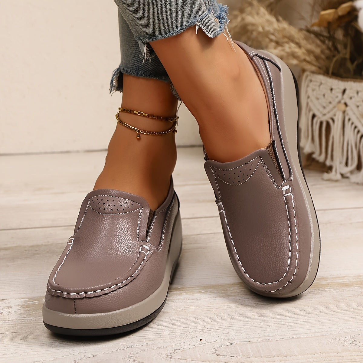 Women's Wedge Loafers Leather Comfortable Elegant Footwear