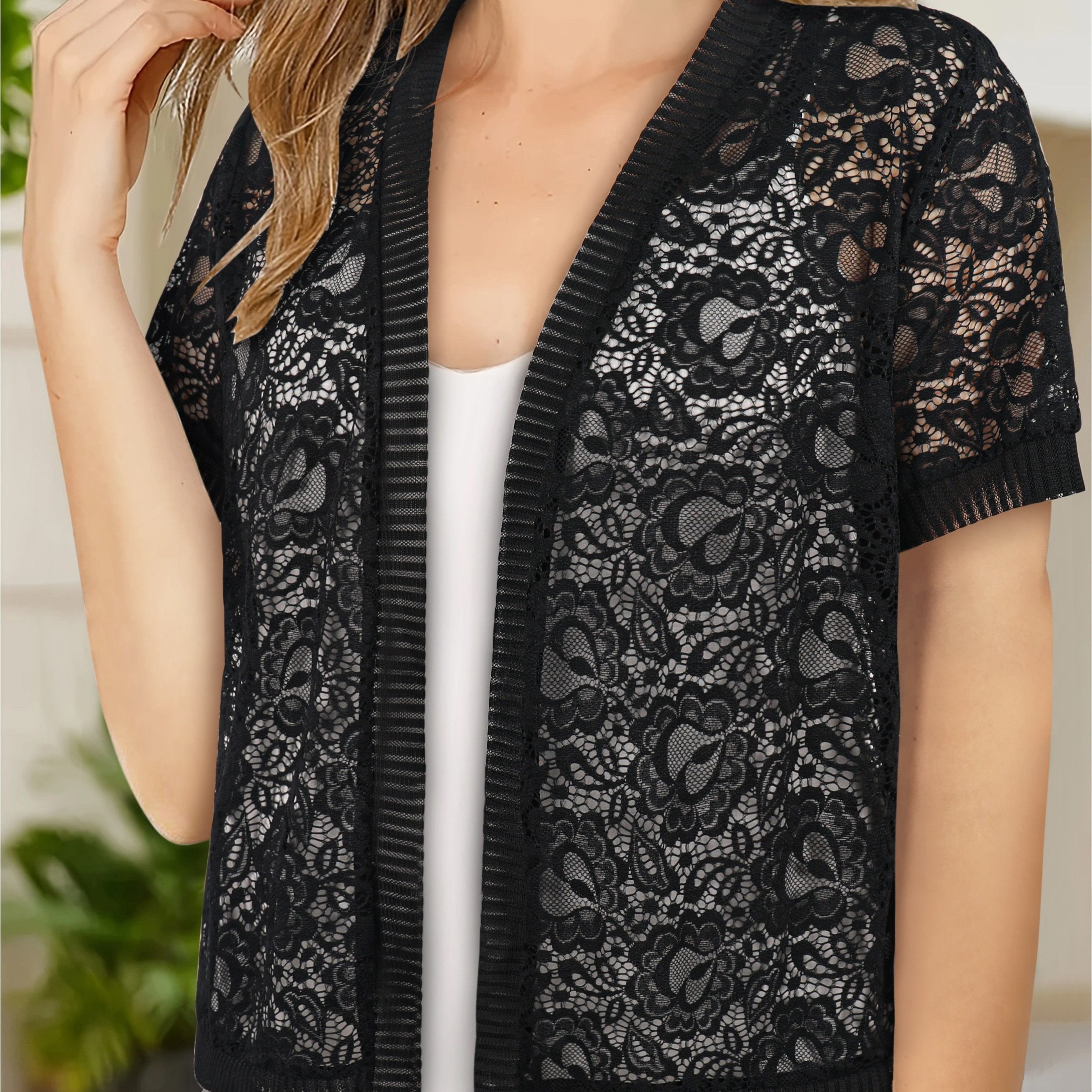 Women's Large Lace Floral Open Shirt Short Sleeve Elegant Top