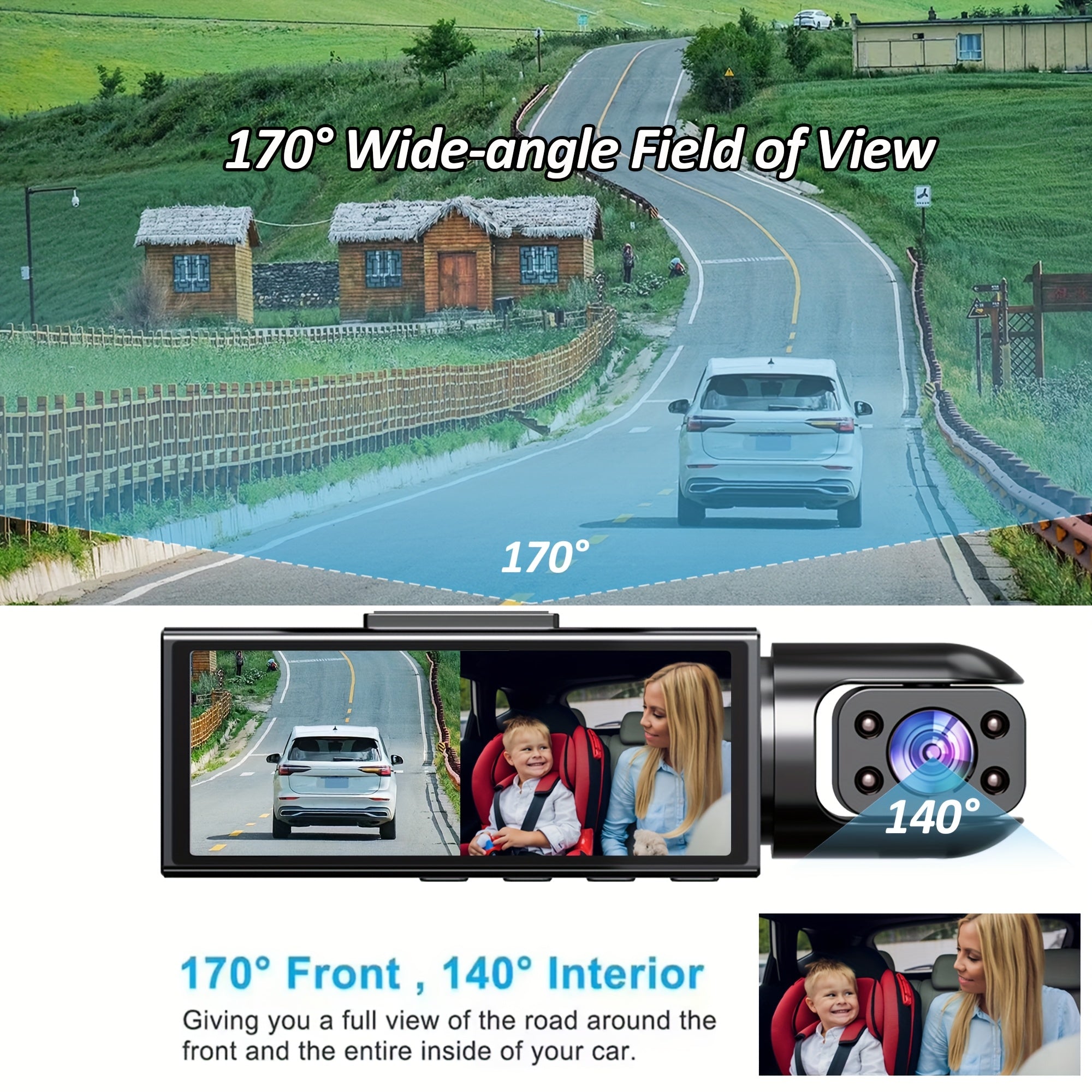 Dual Dash Cam 1080P Front 720P Inside Night Vision Loop Recording G-Sensor Wide Angle