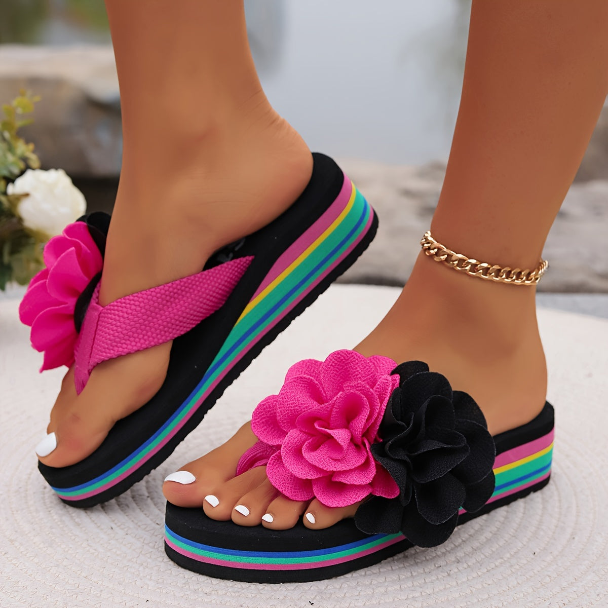 Women's Flip Flops Platform Slides Non-slip Wedge Floral | Vacation Beach