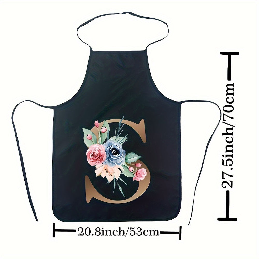 Women's Floral Polyester Kitchen Apron with Letter Print and Monogram