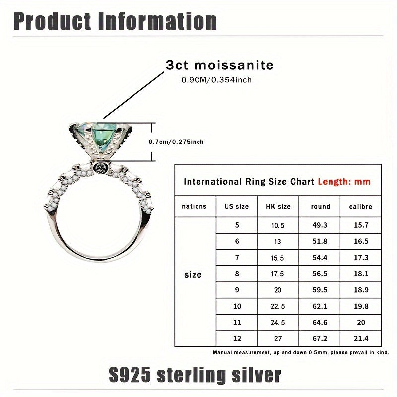 Sterling Silver Ring with 3ct Green Moissanite Engagement Jewelry for Women