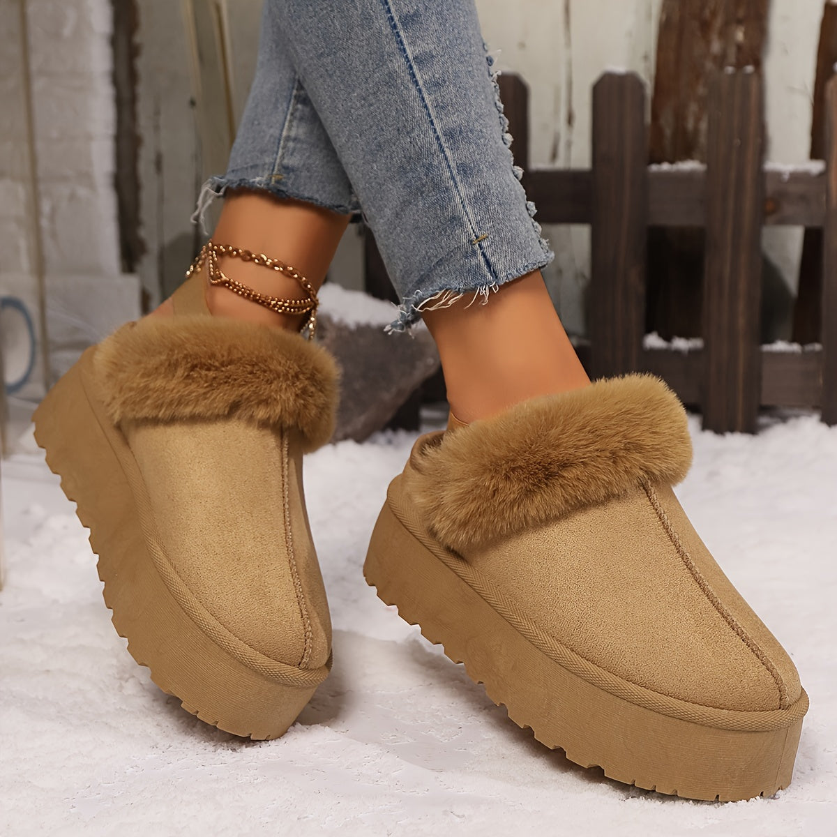 Women's Flannel Indoor Outdoor Slippers Snow Boots Faux Fur Trim