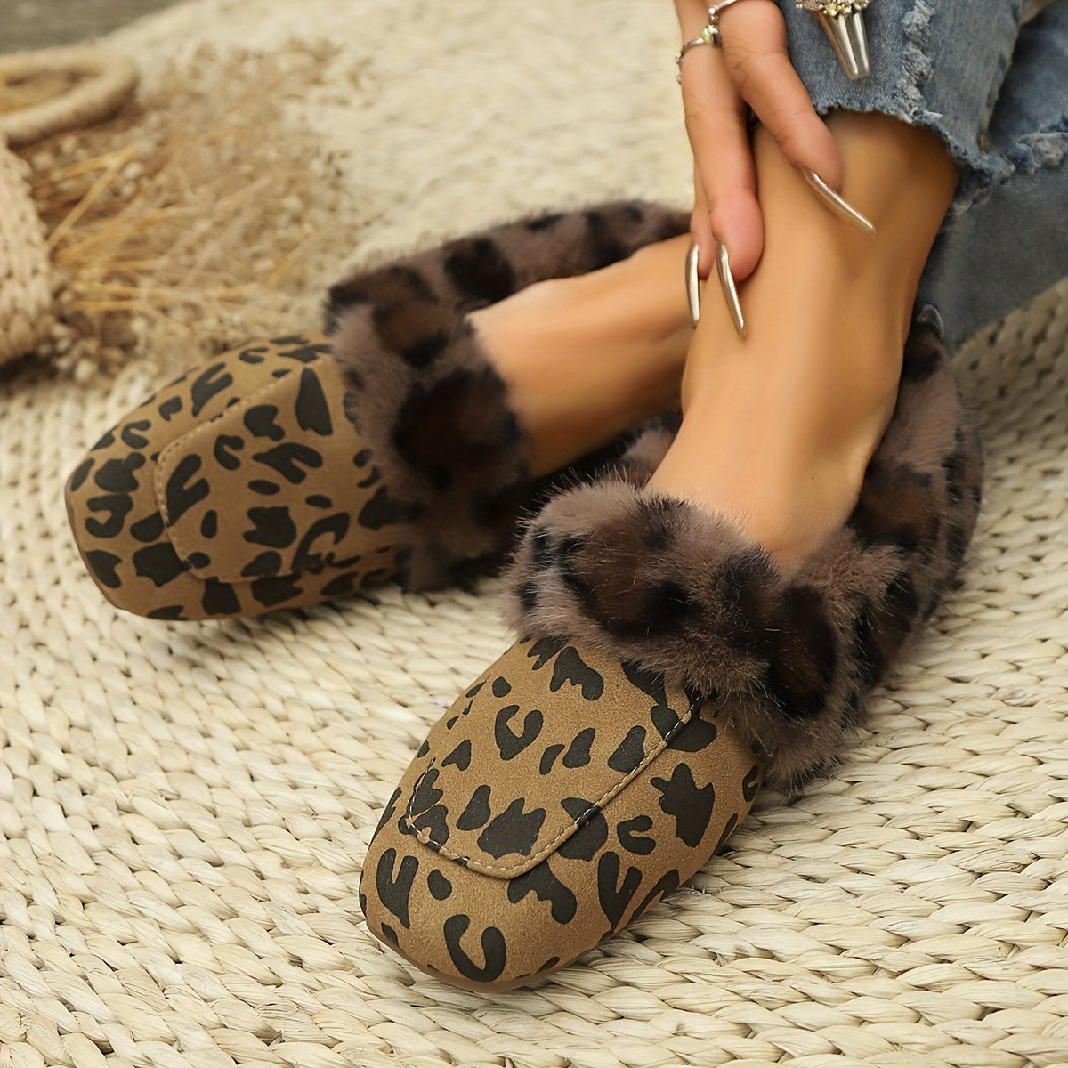 Women’s Leopard Print Plush Slippers Warm Faux Fur Indoor Shoes
