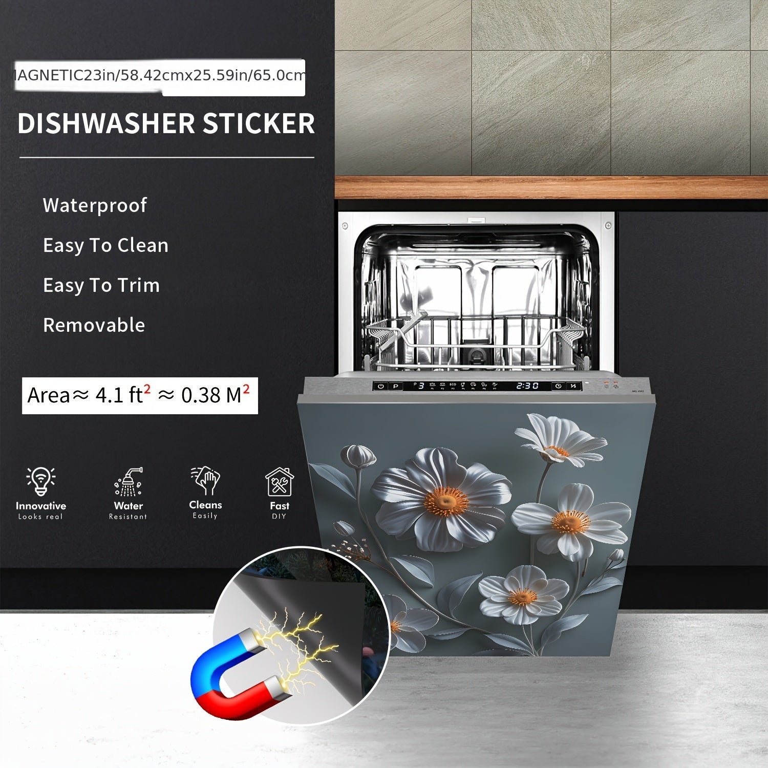 Magnetic Dishwasher Cover Reusable PVC Floral Sticker for Fridge Cabinet White Gray Daisy