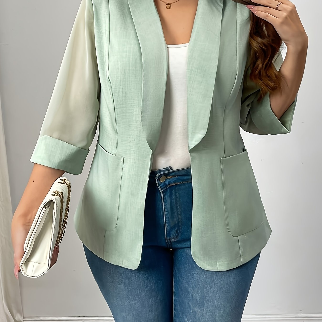Women's Plus Size Green Chiffon Blazer with Lapel Collar and Pockets