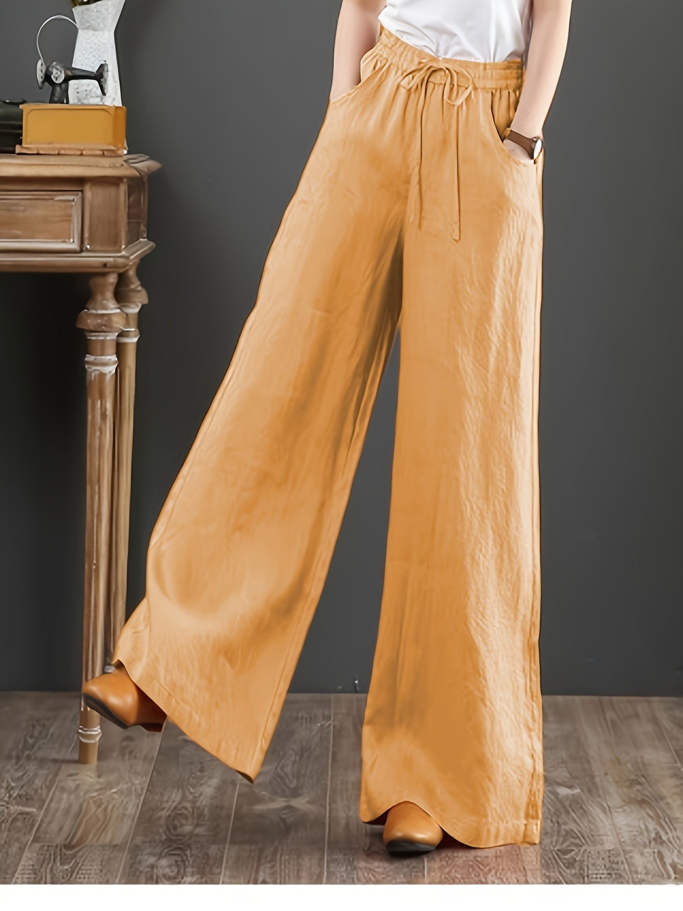 Pantalones de algodón de pierna ancha para mujer, de cintura alta y largo hasta el suelo, estilo de vacaciones, para todas las estaciones