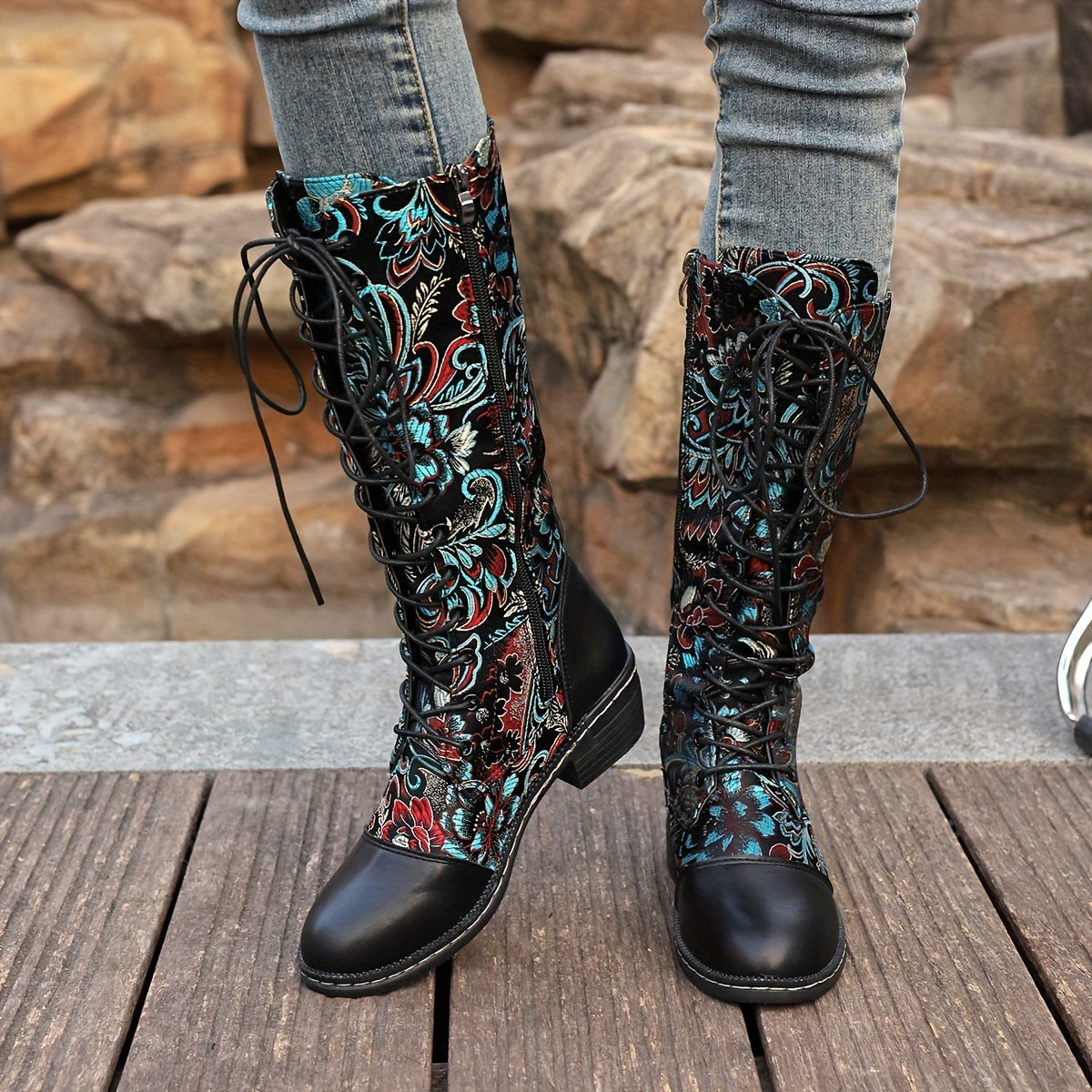 Women's Ethnic Style Lace-Up Mid-Calf Boots Colorful Patterns Casual Shoes
