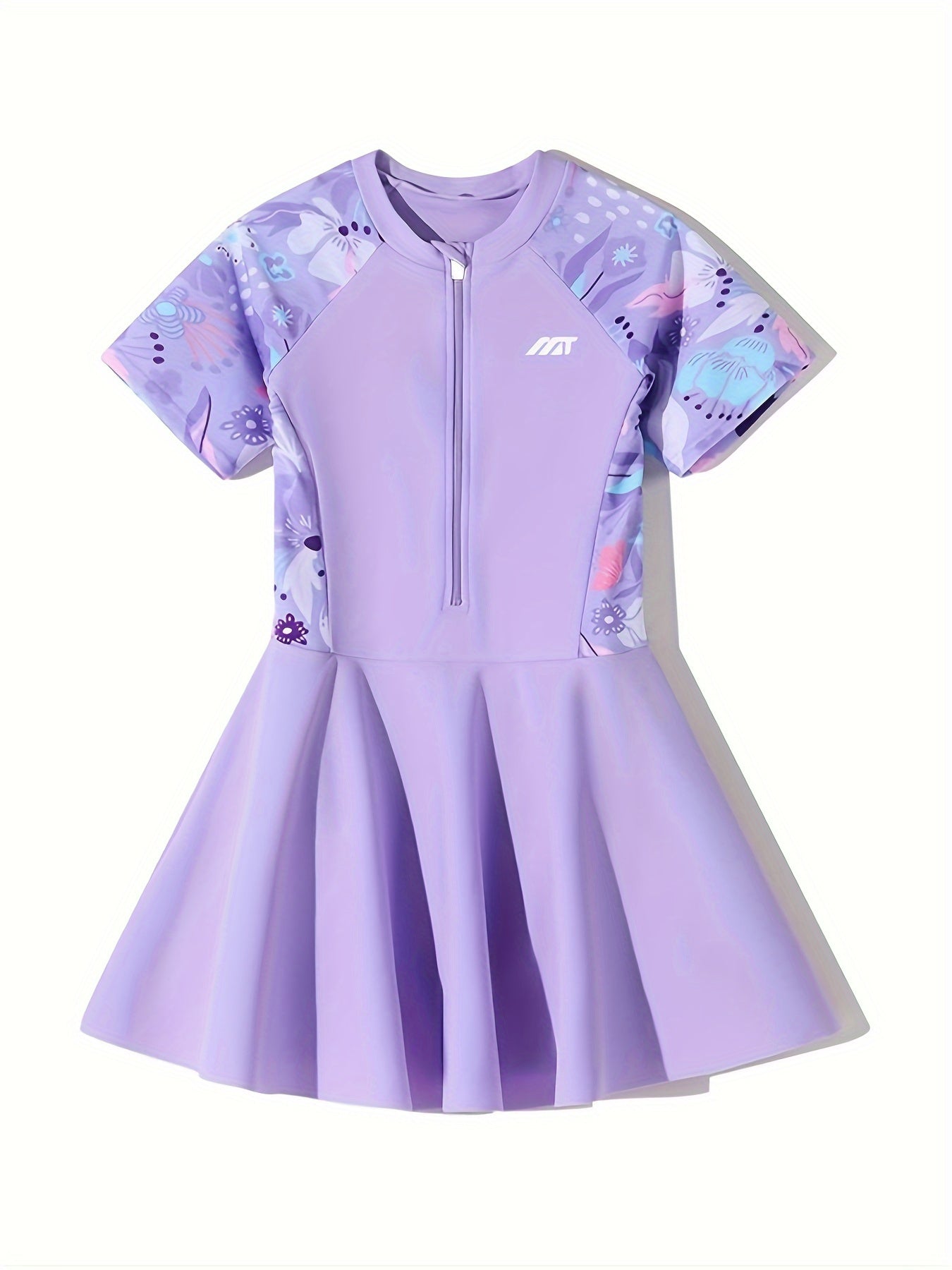 Летний купальник для девочек с коротким рукавом, с цветочным принтом, для возрастов 3-16 лет, с молнией и расклешённым подолом