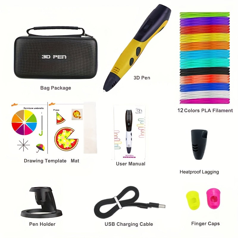 3D Printing Pen Kit with 12 PLA Filament Colors USB Powered for Creative Art