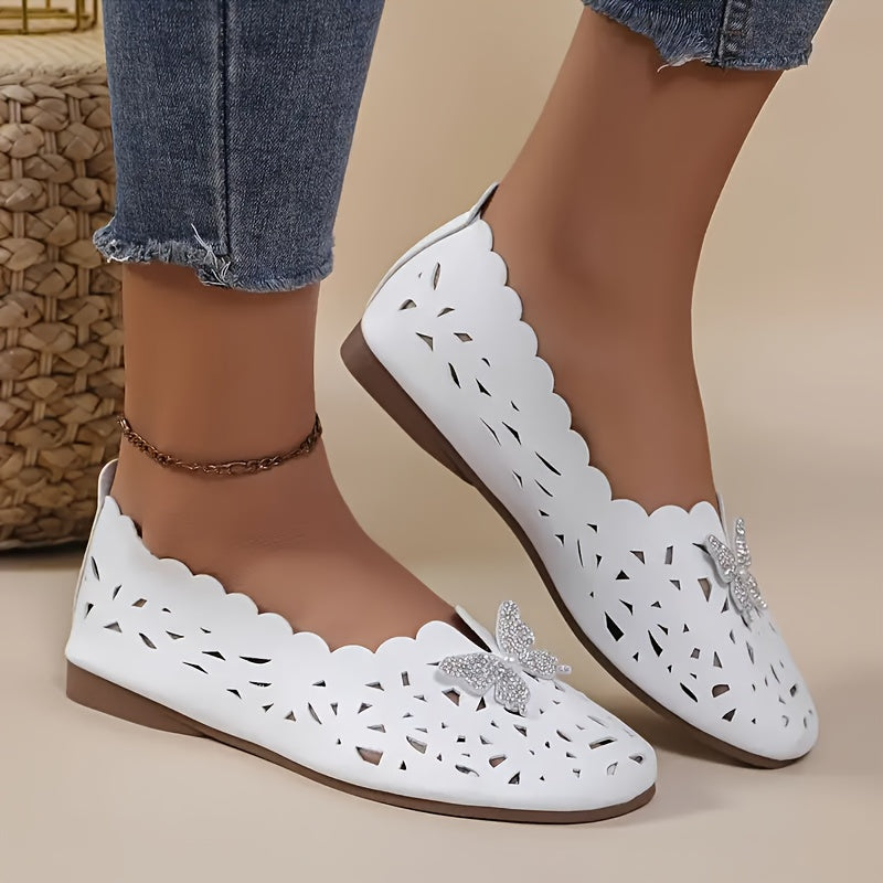 Zapatos planos para mujer para todas las estaciones con detalle de mariposa de diamantes y diseño de puntera redonda con orificio