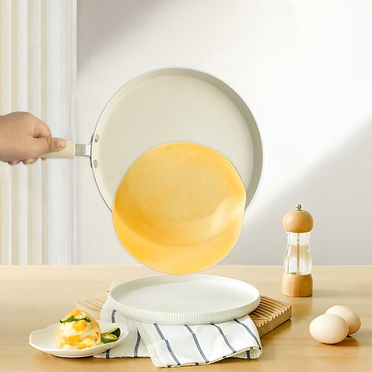 Gaz, elektr va induksiya uchun bej Maifan toshi va yog'och tutqichli yopishmaydigan krepe panlar to'plami