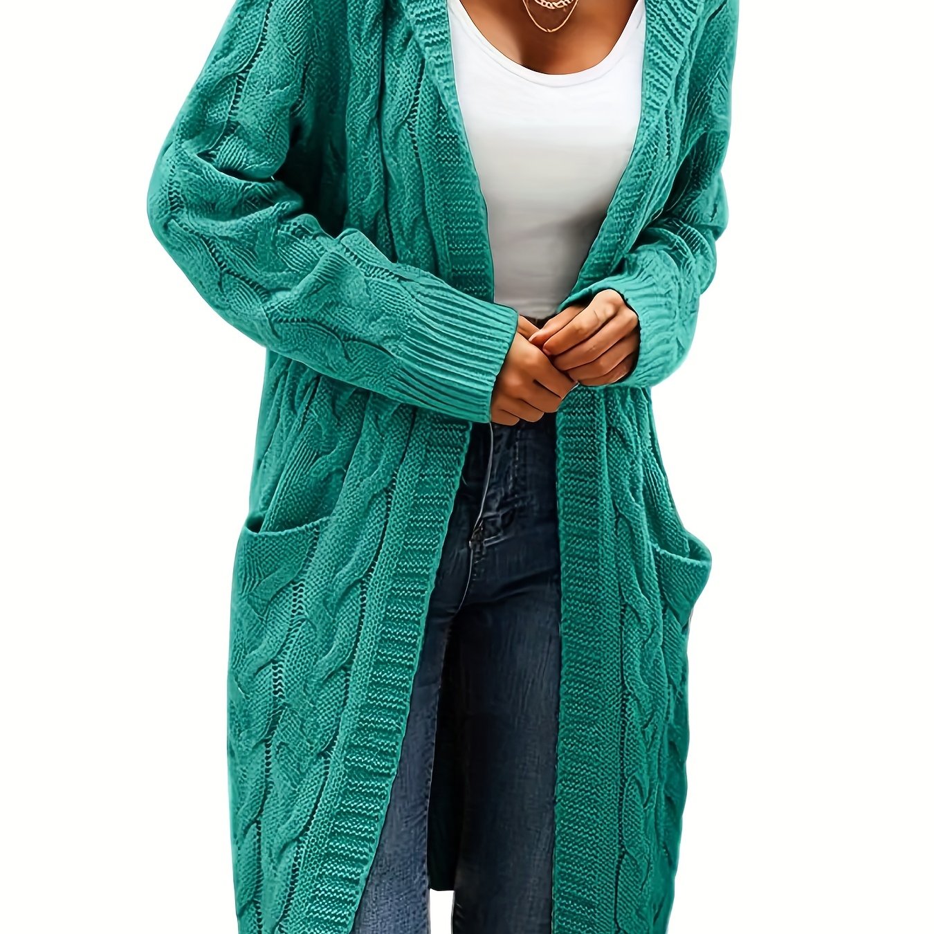 Women's Cable Knit Hooded Cardigan with Pockets Acrylic Fall Winter Layering