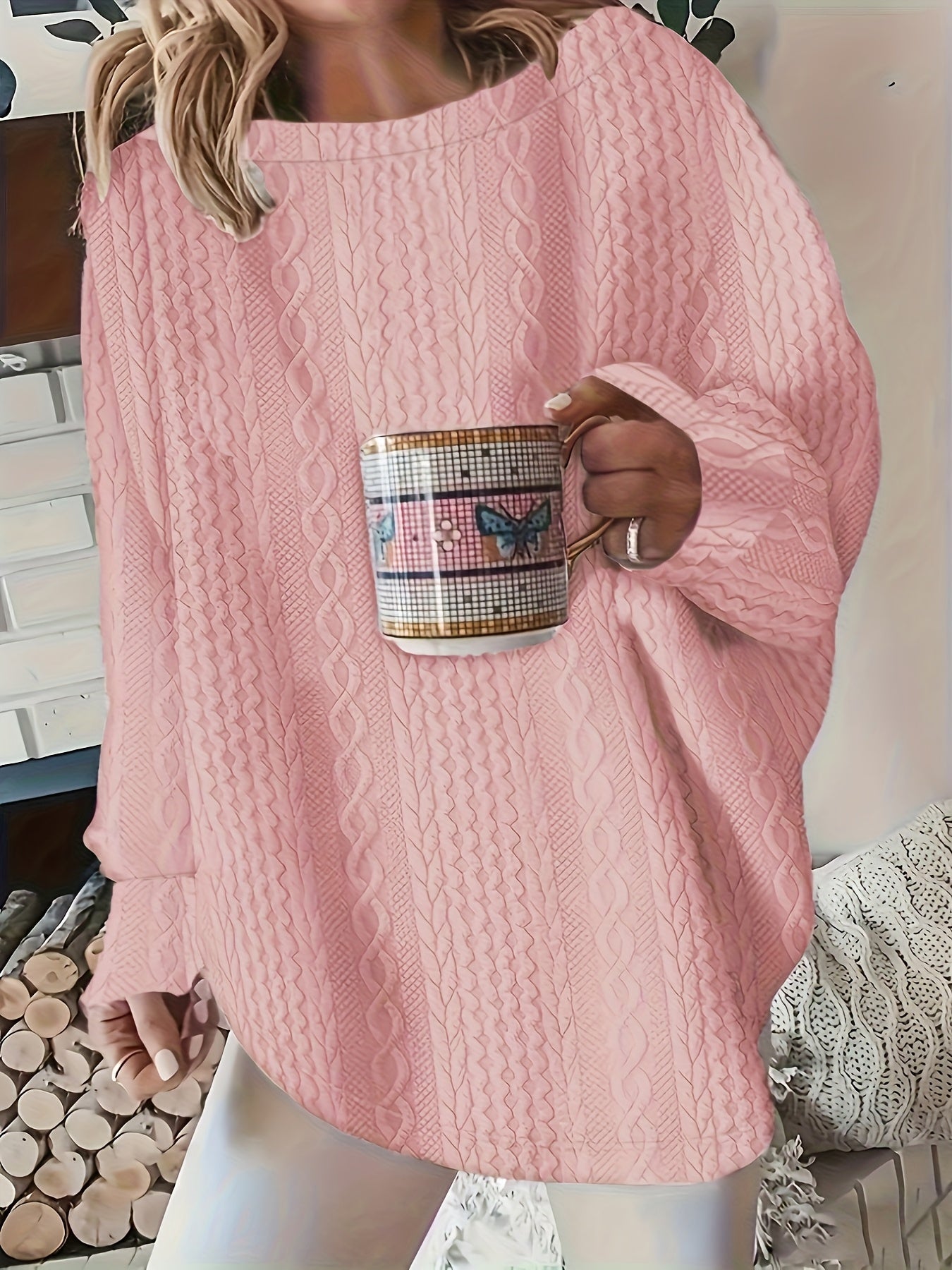 Plus Size Women's Cable Knit Long Sleeve T-Shirts Polyester Casual Pullover Top 3-Pack