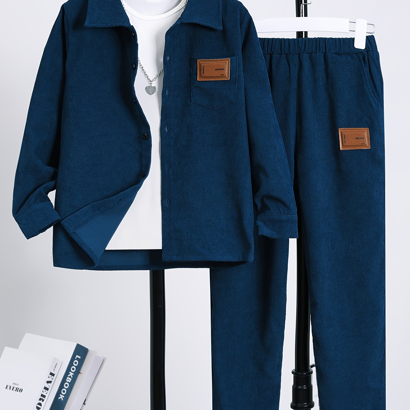 Kids Boys Navy Blue Corduroy Two-Piece Set with Shirt and Pants