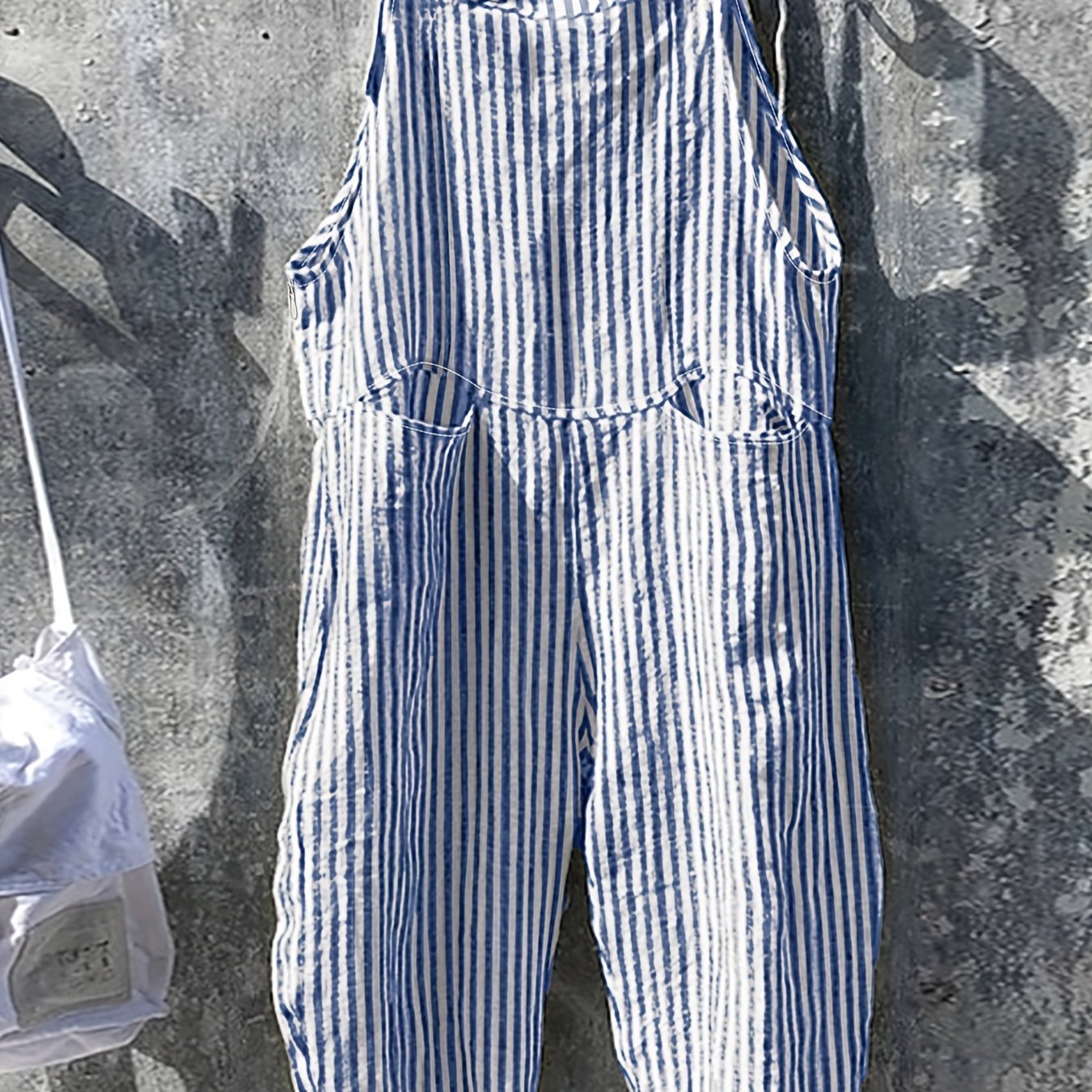 Mono sin mangas a rayas de talla grande para mujer, casual, con bolsillos, de una pieza