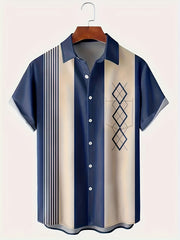 Plus Size Men's Short Sleeve Striped Print Woven Shirt for Spring Fall