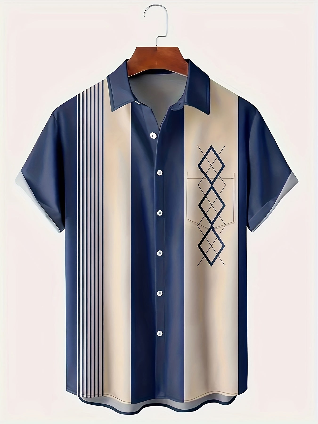 Plus Size Men's Short Sleeve Striped Print Woven Shirt for Spring Fall