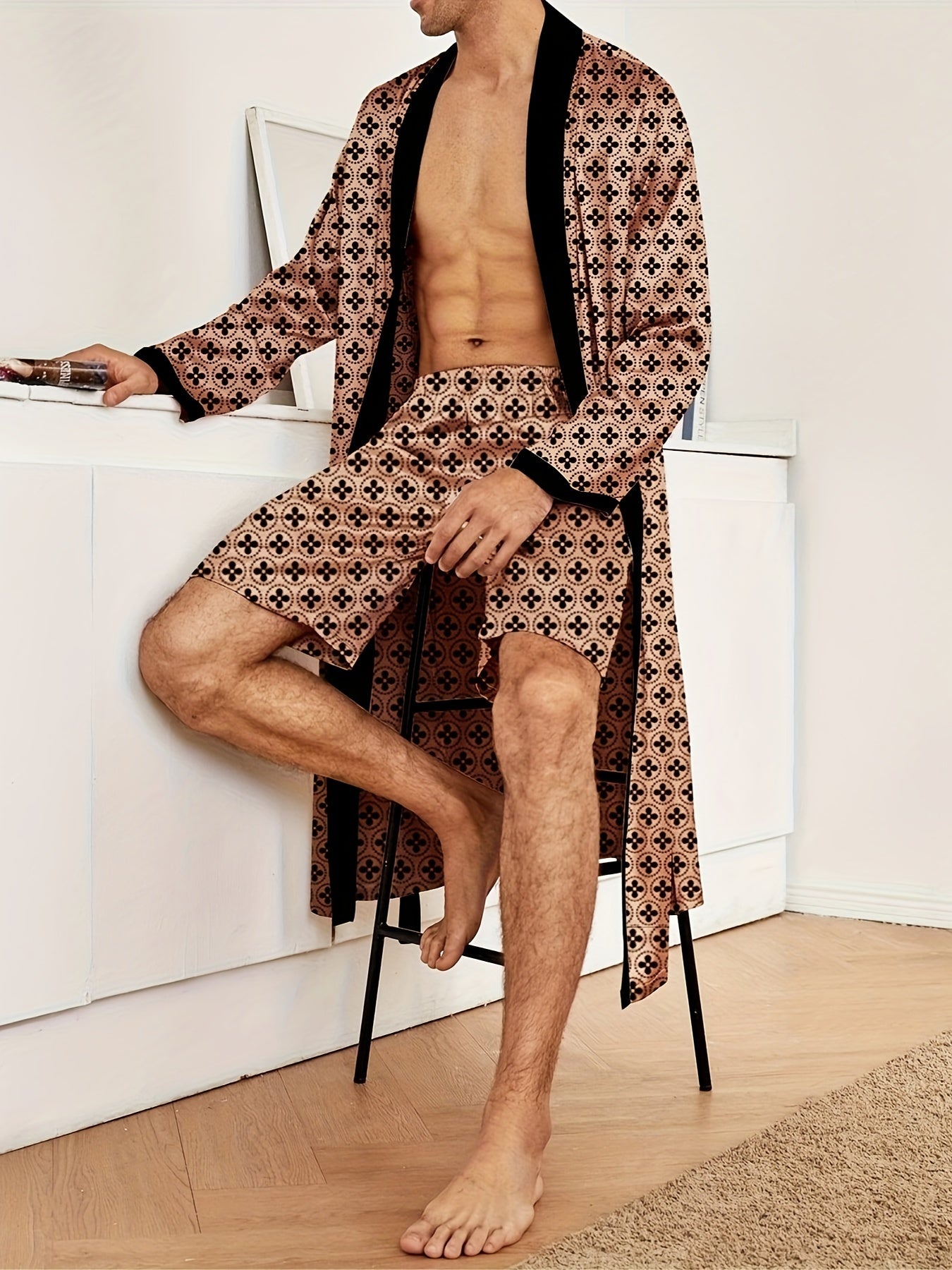 Men's Full-Print Cotton Robe Set V-Neck Tie Casual Lounge Spring Summer Fall