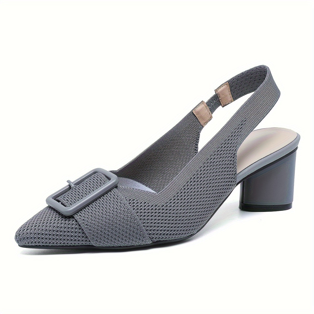 Women's Mid-Heel Pumps with Breathable Knit, Pointed Toe, Slip-On, Chunky Heel