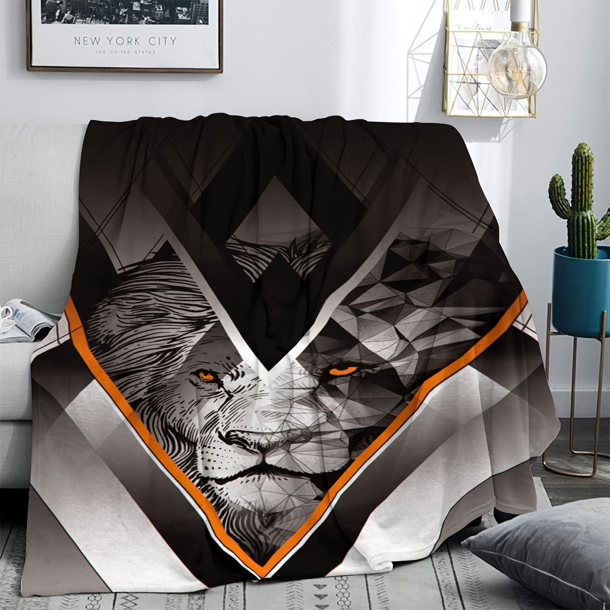 Lion Print Chunky Knit Polyester Blanket for All Seasons