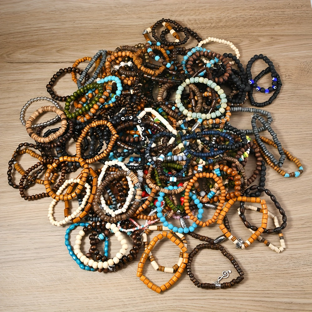 Set of 12 or 24 Autumn Winter Wooden Bead Stackable Elastic Wire Bracelets for Women