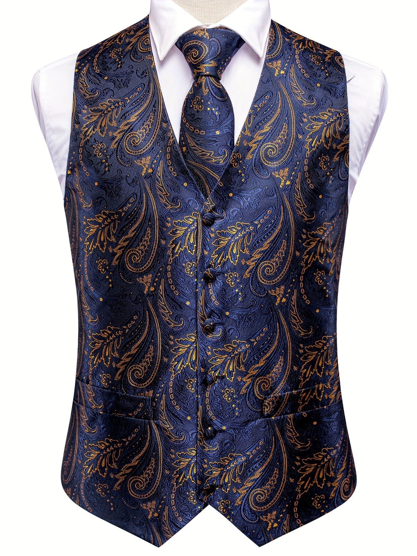 Men's Large Size White Paisley Pattern Accessories Set Waistcoat Necktie Hanky Cufflinks
