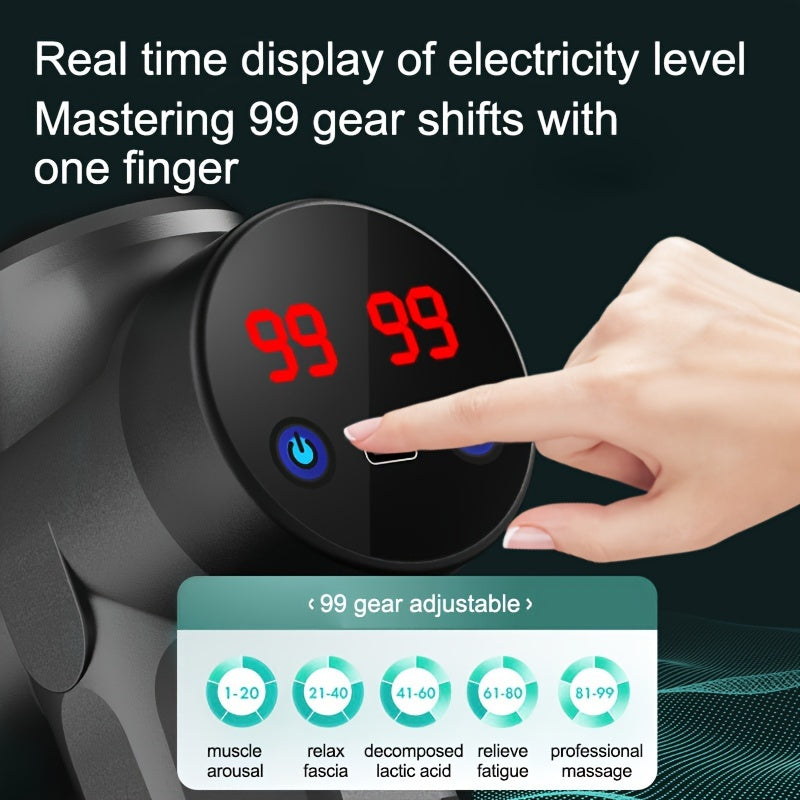 USB Rechargeable Fascia Gun with Touch Display 99 Levels Intensity 3 Massage Heads