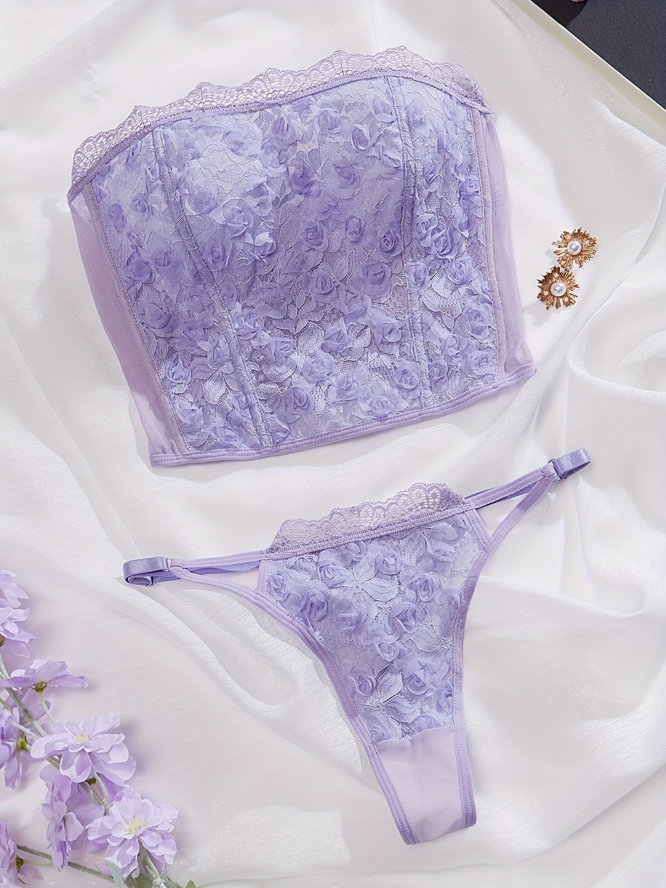 Women’s Lace Bra Set with 3D Rose Bud Design and Adjustable Straps