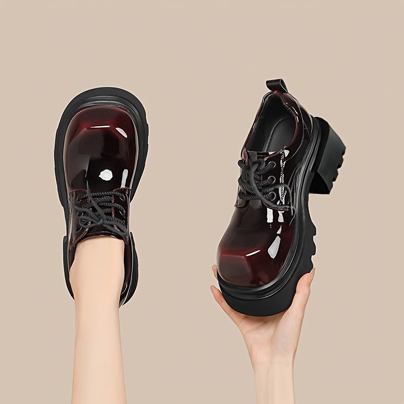 Women's Burgundy PU Chunky Shoes Non-Slip Rubber Sole For Formal & Casual