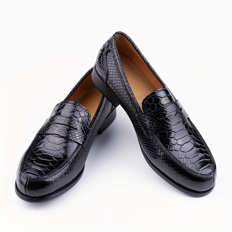 Men's Leather Loafers Casual Slip-On Shoes with Embossed Design and Rubber Sole