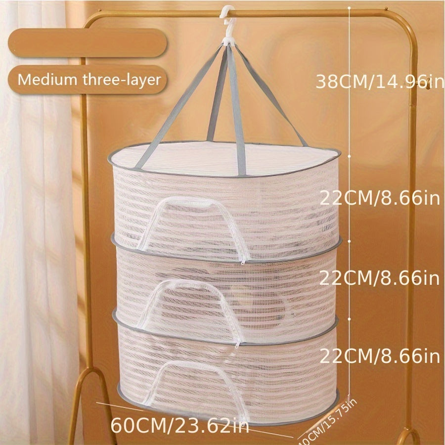 Foldable Mesh Drying Rack with Zipper 3-Tier Multi-Functional Hanging Laundry Organizer