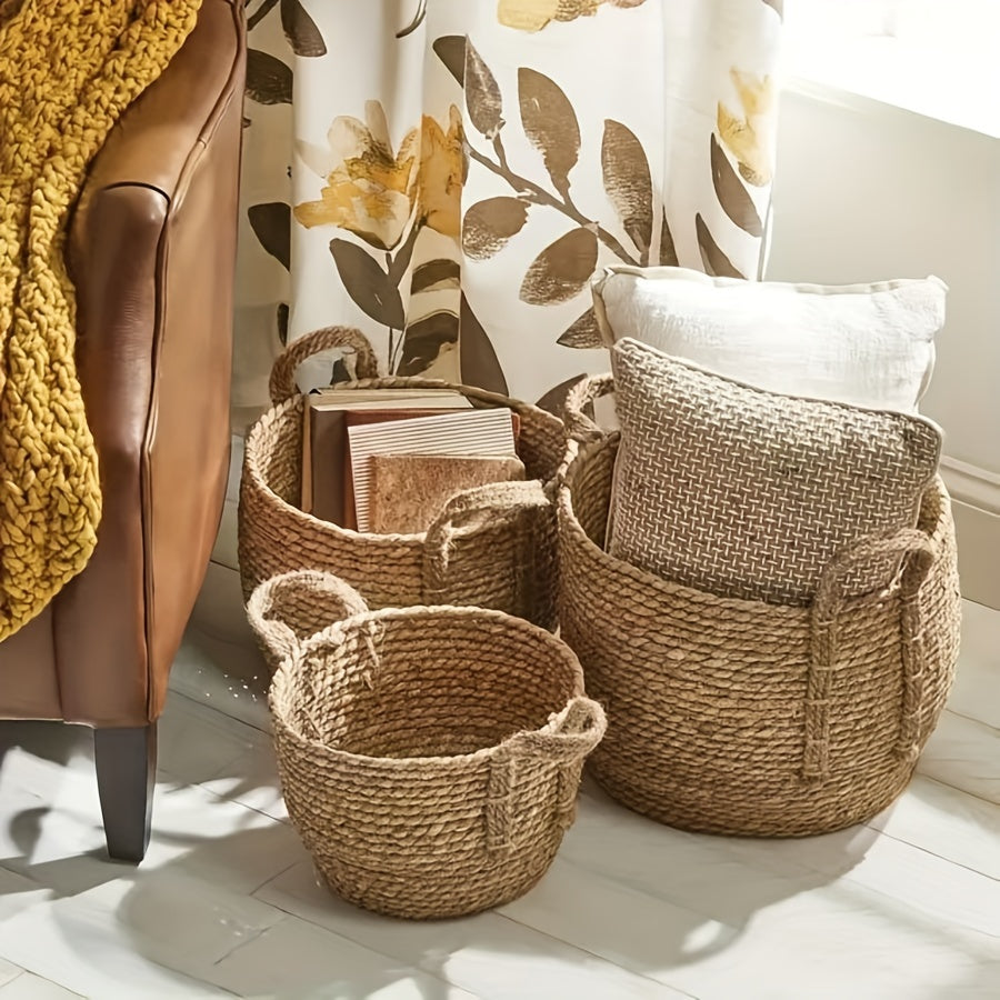Handmade Woven Storage Baskets with Rustic Grass Finish for Laundry and Home Organization