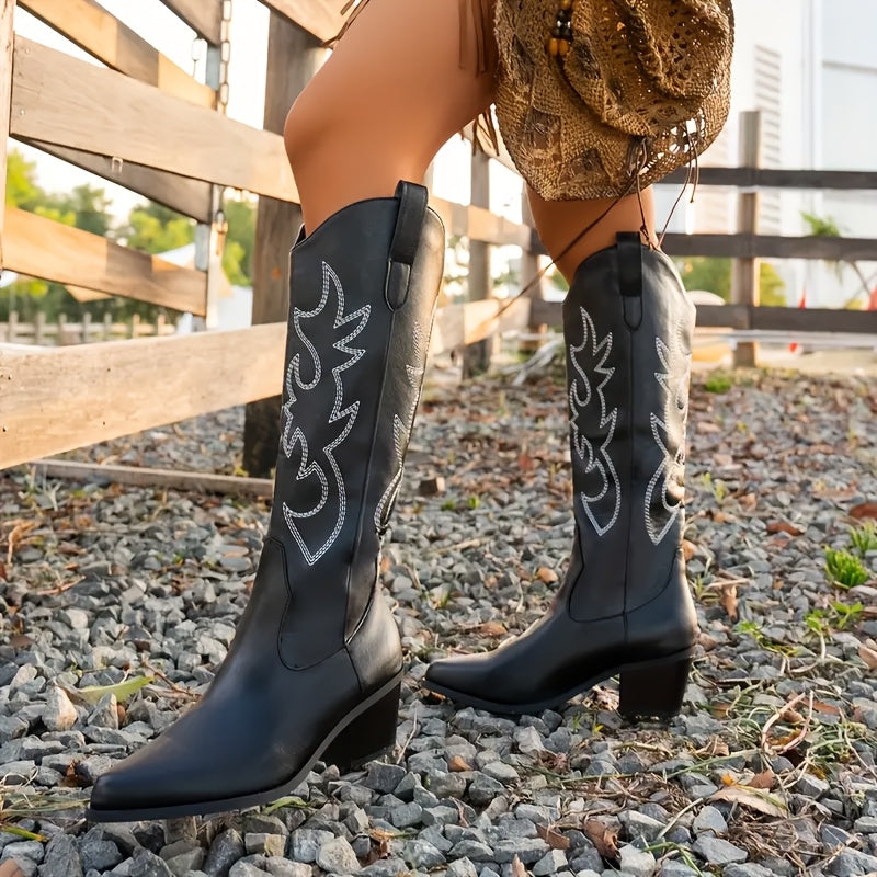 Women's Black Leather Pointed Mid-Calf Boots Western Style Music Festival