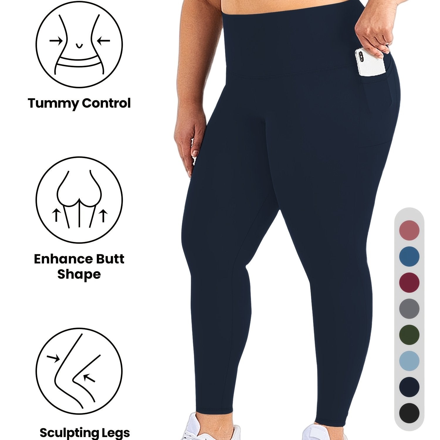 Women High-Waist Yoga Leggings with Pockets Black Slim Fit Tummy Control