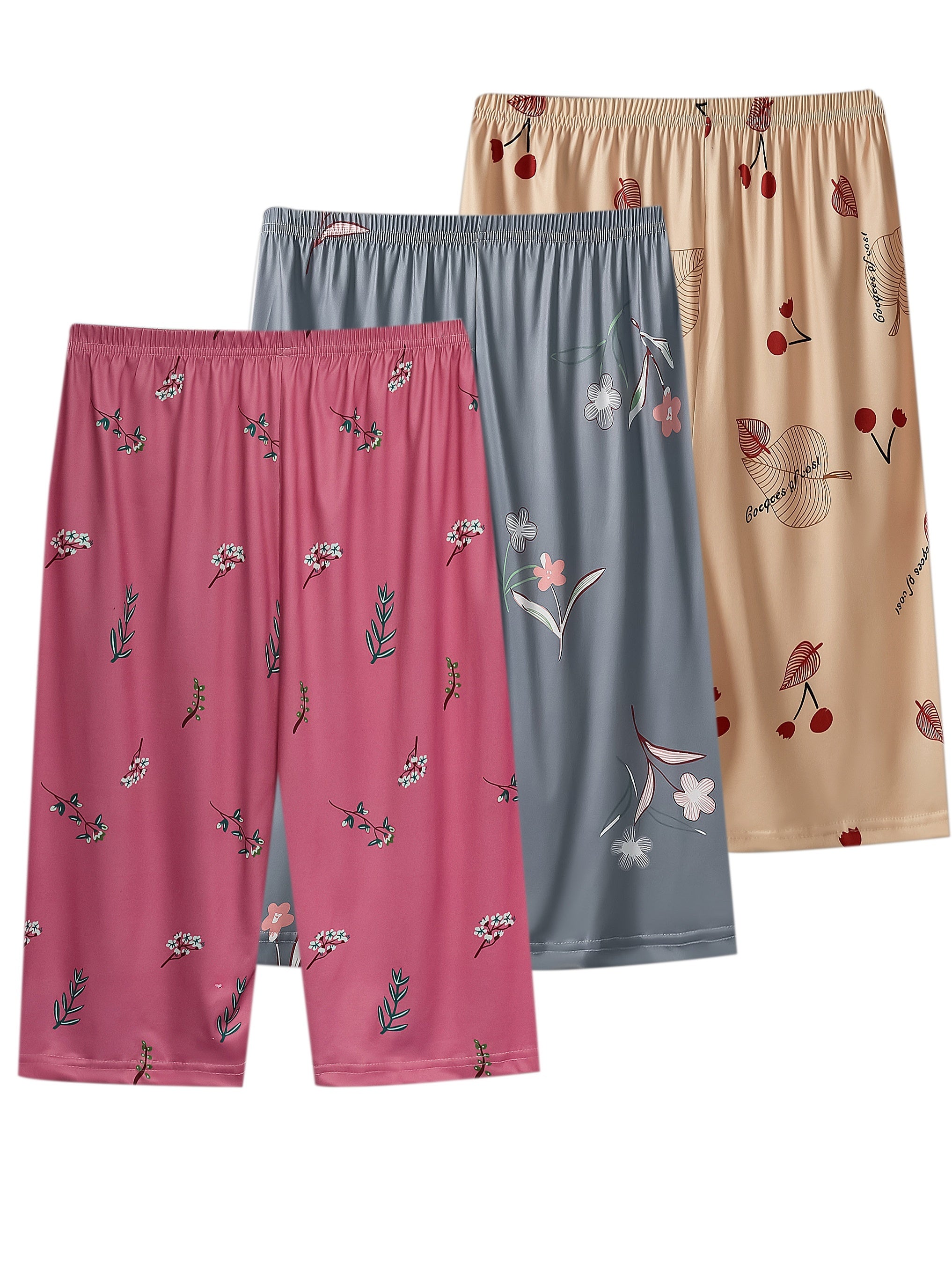 3 ta ayollar uchun plussiz o'lchamdagi gullar naqshidagi uyqu shortiklari, elastik bel va keng kesim bilan.