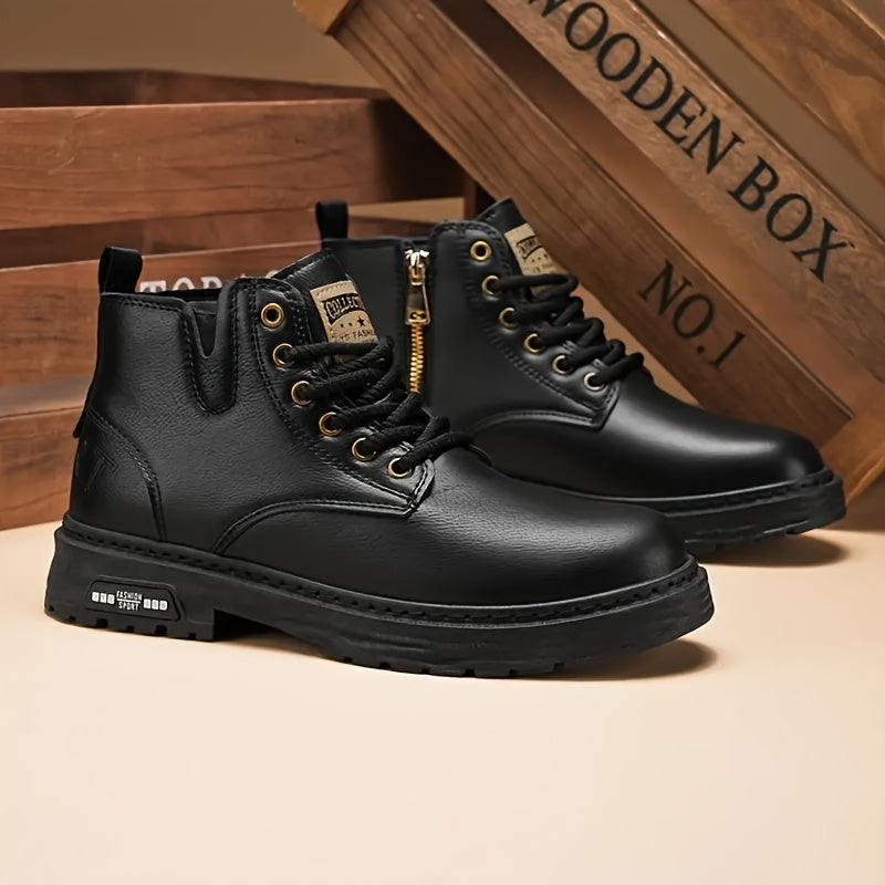Men's Leather Lace-Up Boots with Zipper for Outdoor and Casual Wear