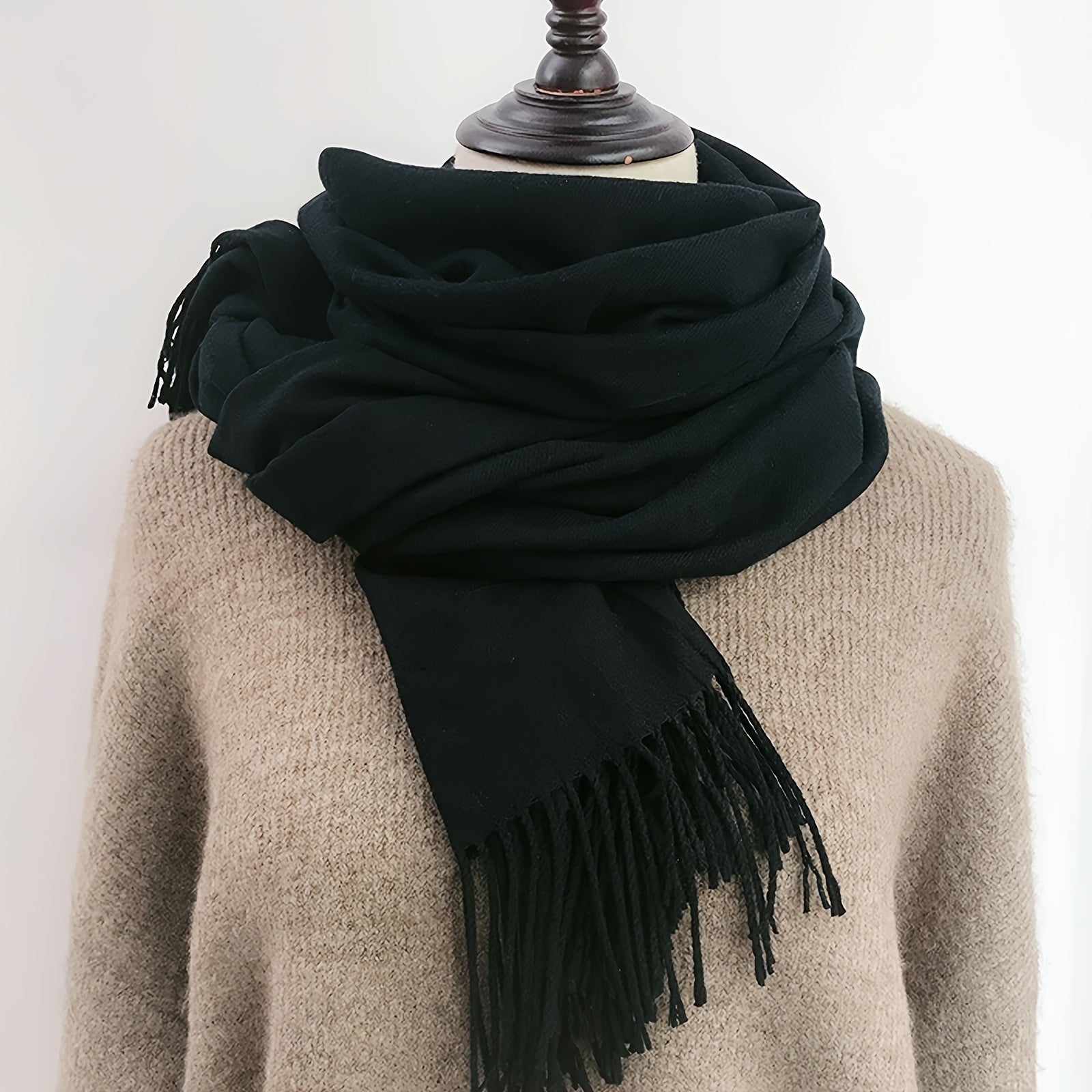 Women’s Solid Color Tassel Scarf Thin Warm Windproof Accessory
