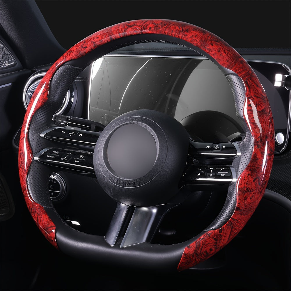 Car Steering Wheel Cover Mahogany Grain Leather Anti-Slip Universal