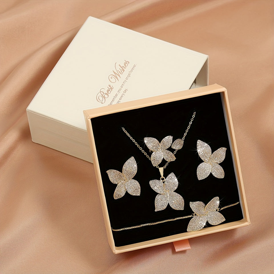 Women's Butterfly Jewelry Set Zirconia Copper Necklace Bracelet Ring Earrings Gift Boxed