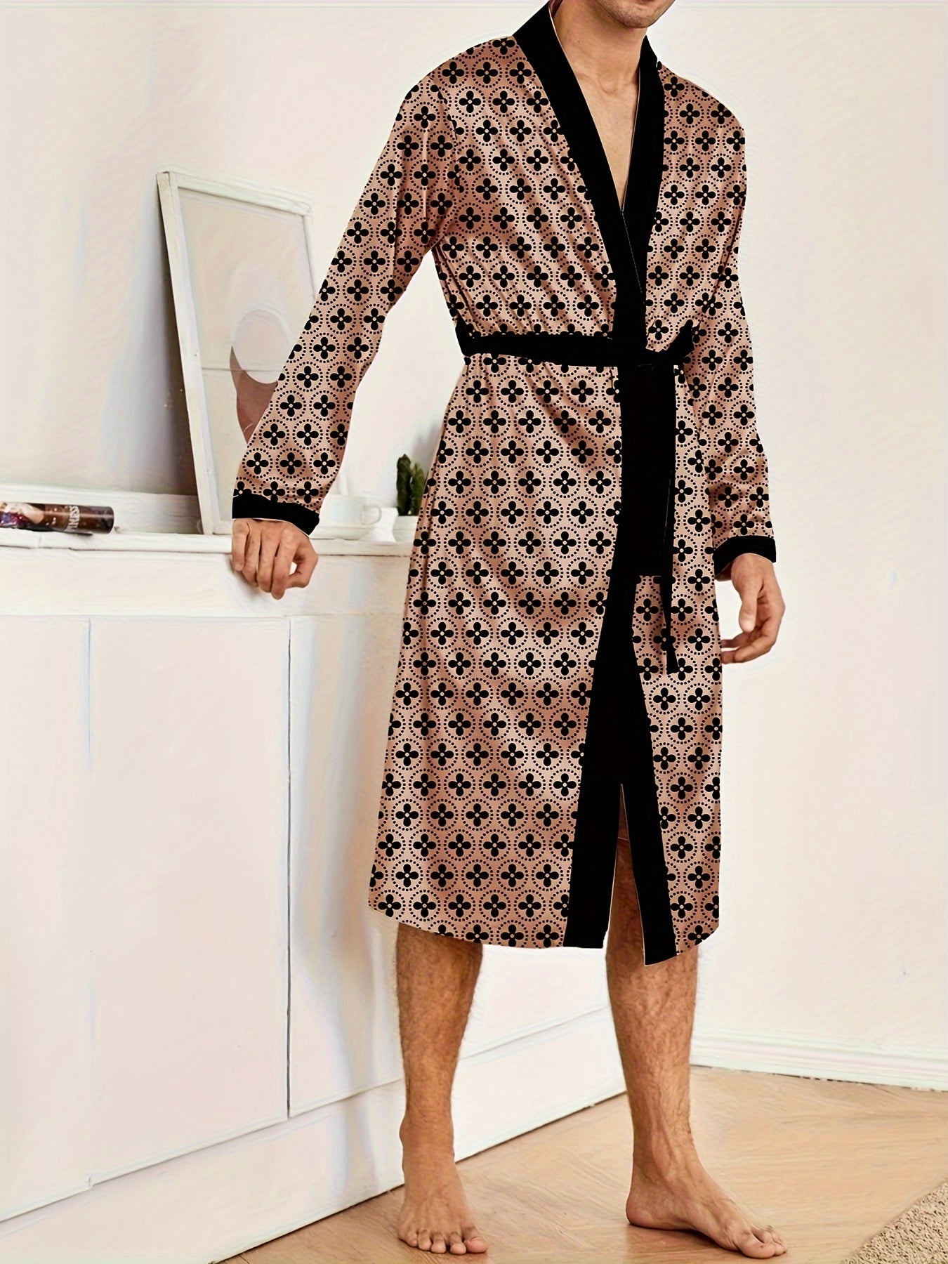 Men's Full-Print Cotton Robe Set V-Neck Tie Casual Lounge Spring Summer Fall