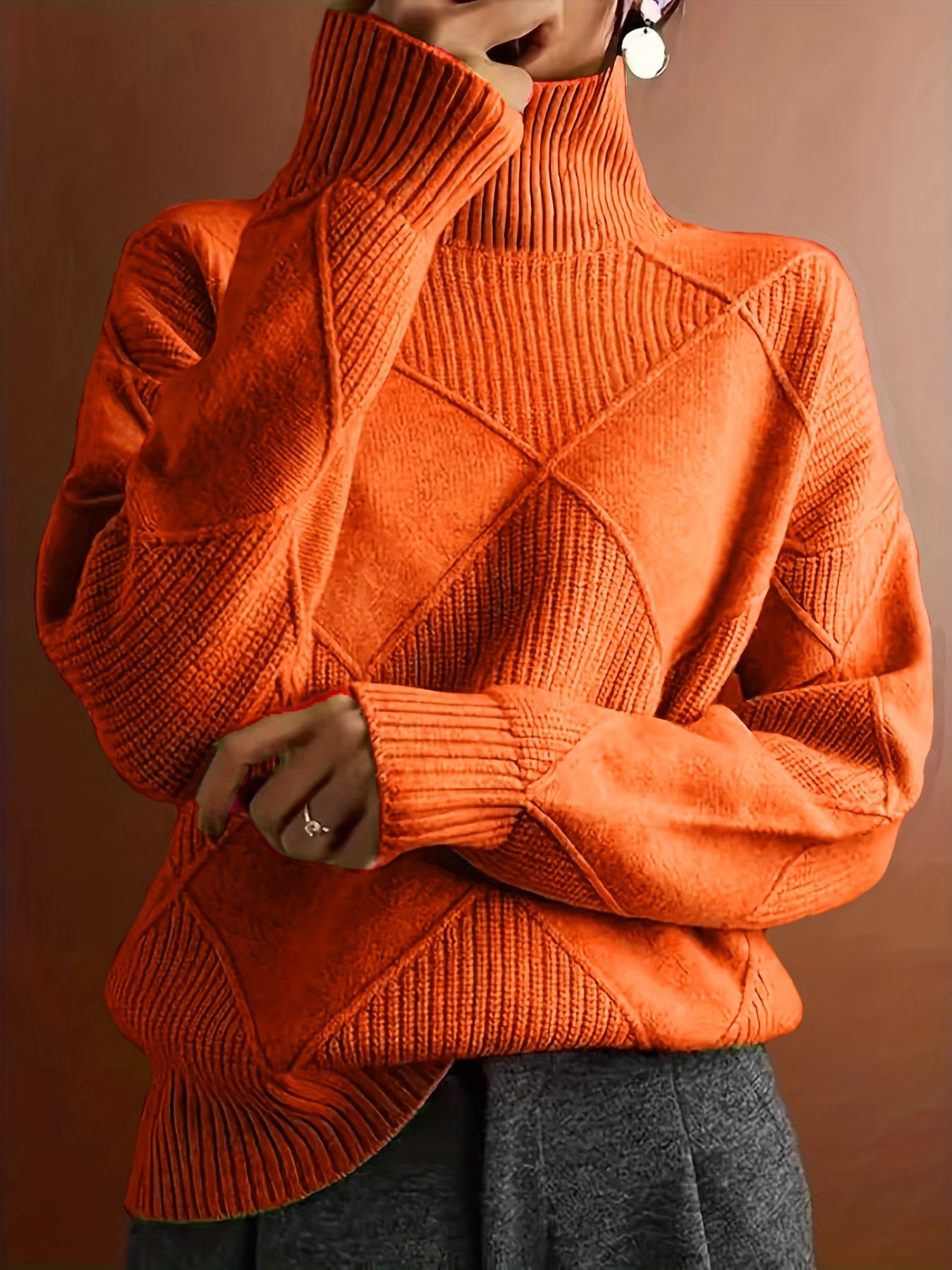 Plus Size Women's High-Neck Sweater Polyester Long Sleeve Pullover Warm Top