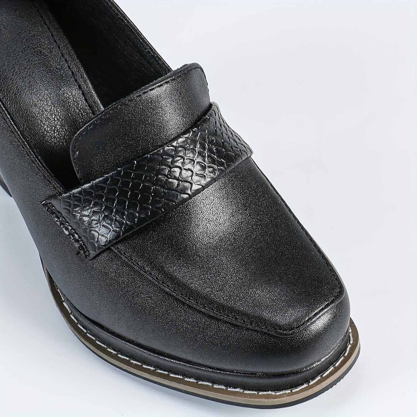 Women's Wood Grain Block Heel Pumps Round Toe Formal Shoes Black