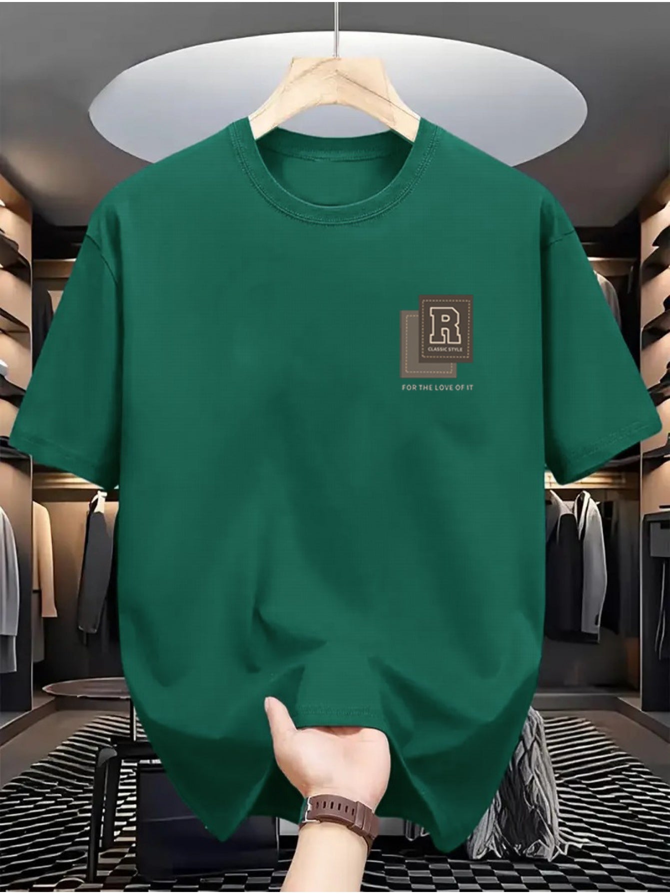 Men's Cotton Casual T-Shirt with R Print Crew Neck Short Sleeve All-Season