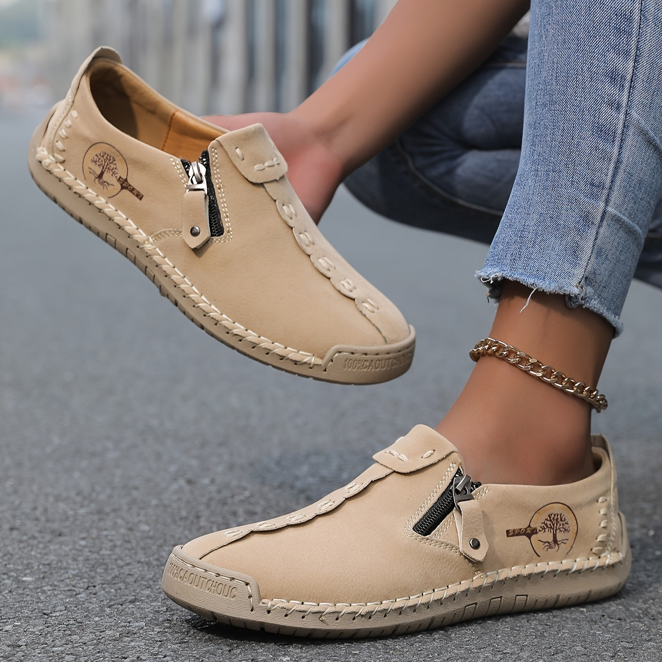 Women's Faux Leather Loafers with Elastic Panels Non-Slip Rubber Sole