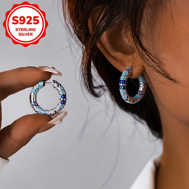 Sterling Silver Tribal Style Hoop Earrings with Blue Cubic Zirconia for Women