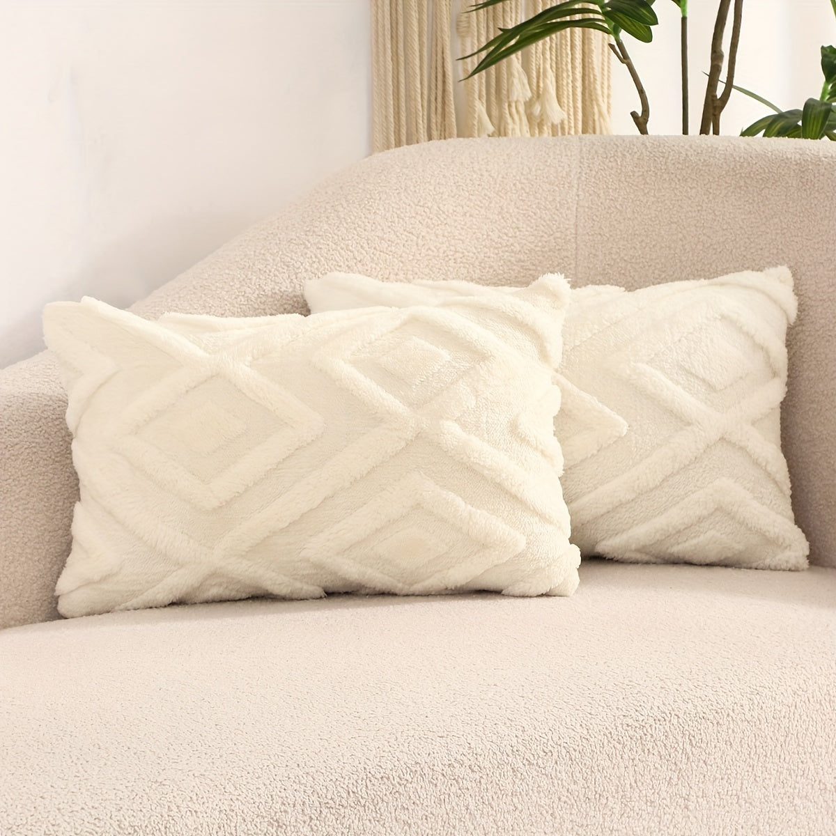 Pair of Beige Geometric Pattern Throw Pillow Covers 100% Polyester Zipper Closure