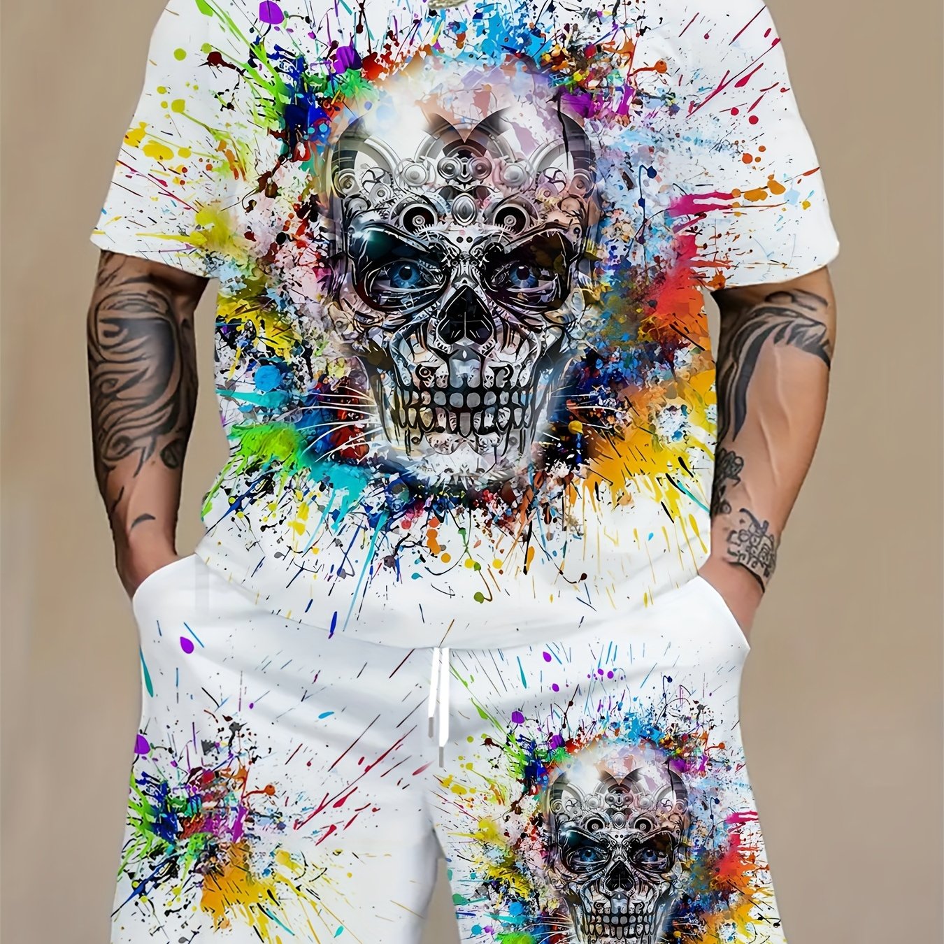 Мужской комплект большого размера 2 предмета: футболка с круглым вырезом и принтом черепа, шорты с шнурком, полиэстер